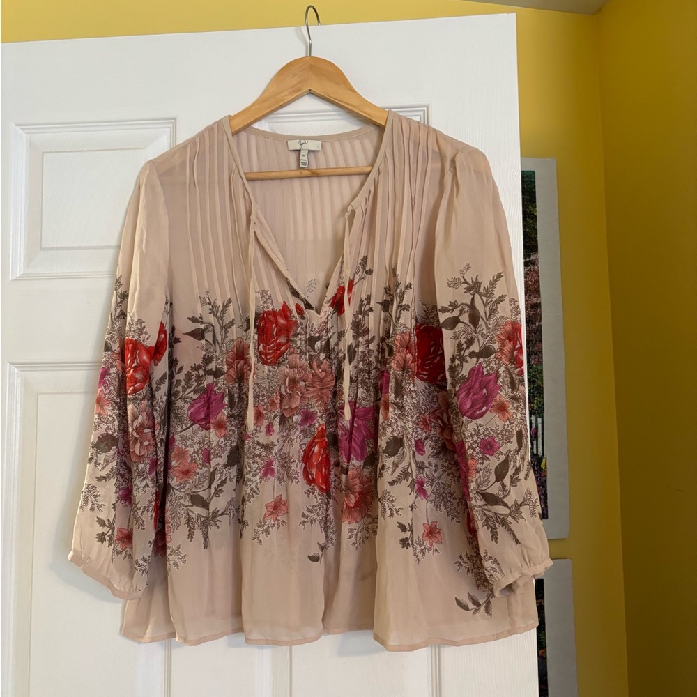 Joie 100% Silk Floral Peasant Blouse Women's Medium Beige Red Boho